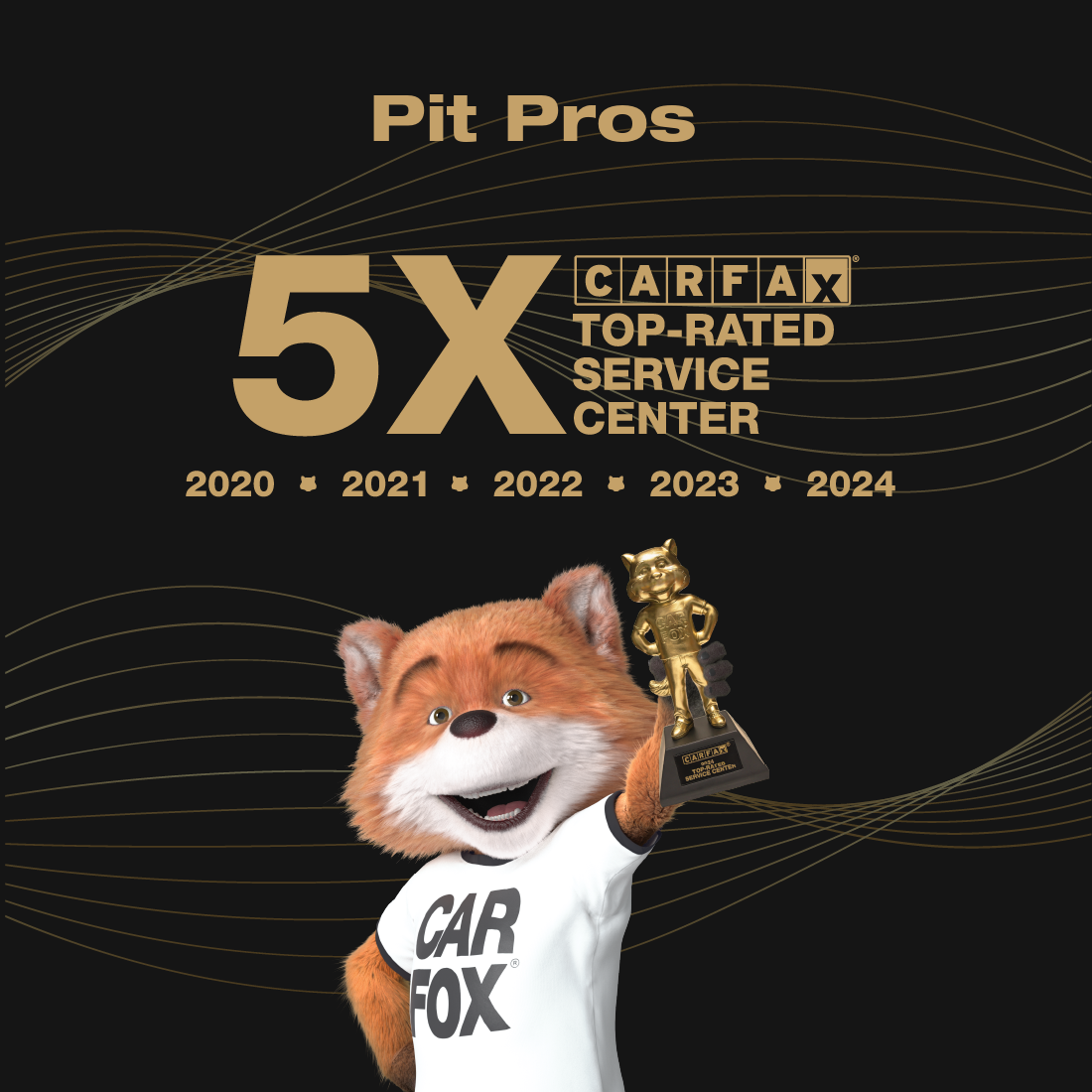 Pit Pros Automotive honored as a 5-time Carfax Top-Rated Service Center from 2020 to 2024.
